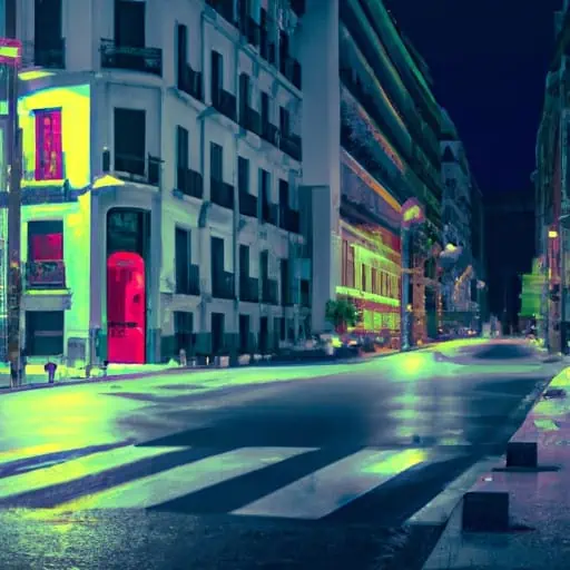 רחוב מואר היטב במדריד בלילה, המציג את בטיחותו