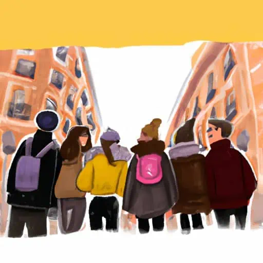 קבוצת חברים לובשת בגדים חמים, חוקרת את רחובות מדריד