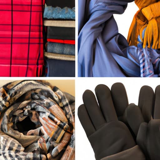 קולאז' של פריטי לבוש לחורף, כולל צעיפים, כפפות ומעילים חמים