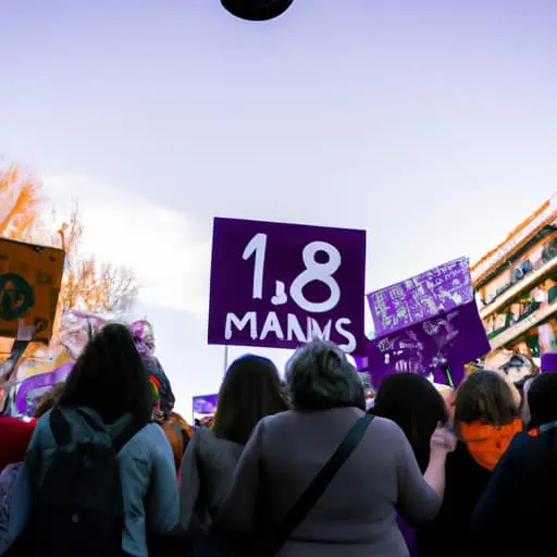 נשים צועדות יחד במהלך חגיגת יום האישה הבינלאומי במדריד