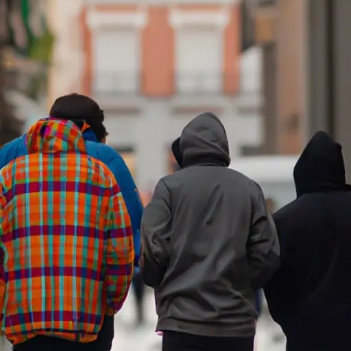 קבוצת חברים לבושה בשכבות חוקרת את הרחובות ההיסטוריים של מדריד