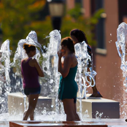 מקומיים מתקררים במזרקה ציבורית במהלך יום חם באוגוסט