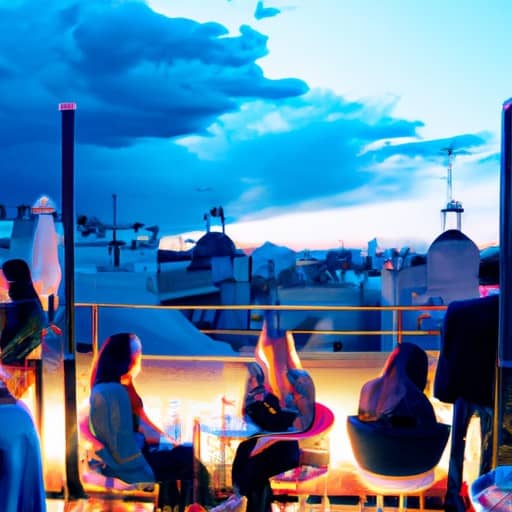 אנשים נהנים מבילוי לילי בבר על הגג במדריד